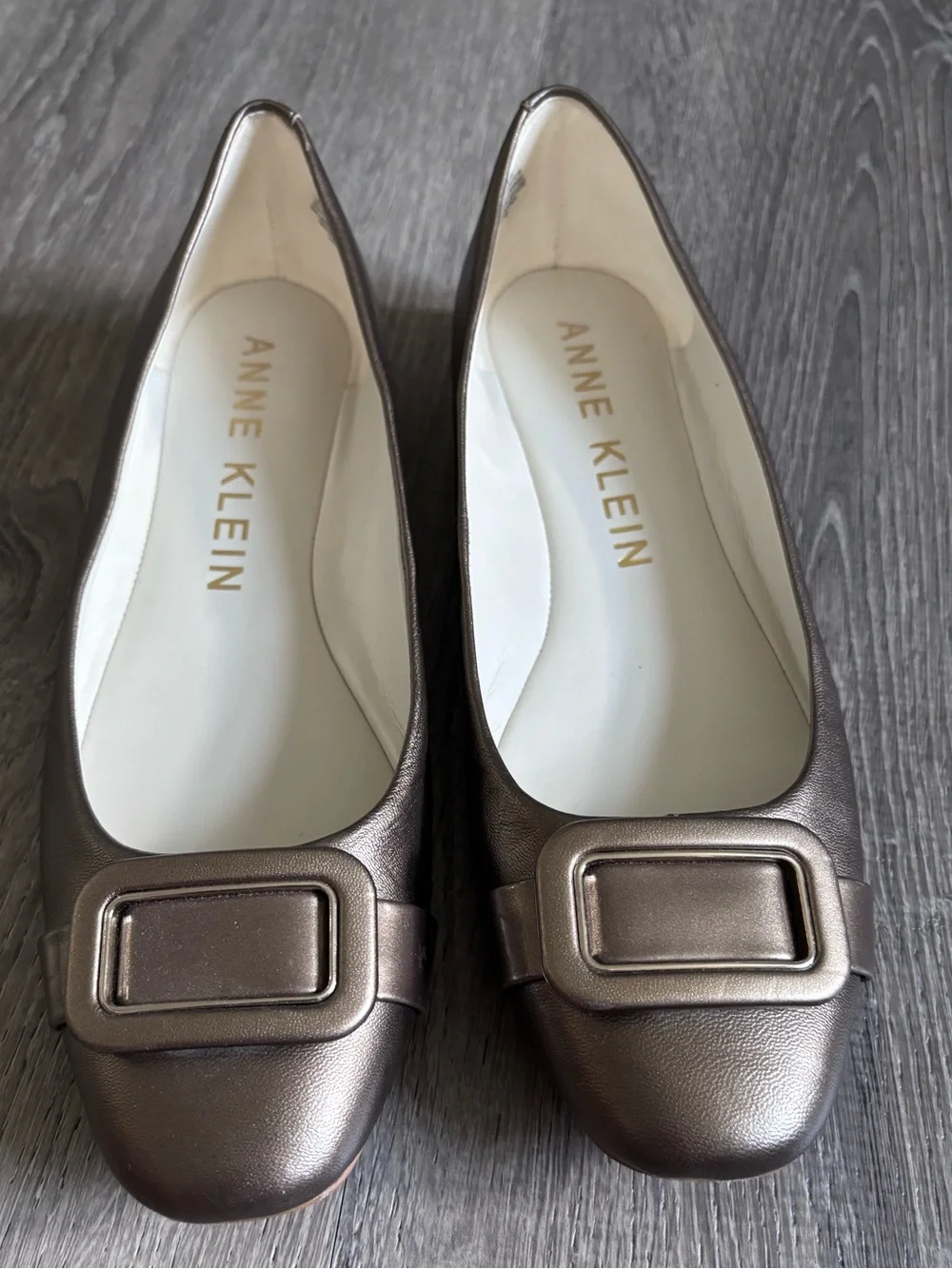 Anne Klein Bronze Metallic Square-Buckle Flats